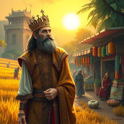 A powerful ancient king with a majestic presence walks through his lush kingdom, observing the contrasts of life