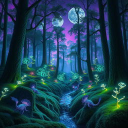 A mystical futuristic forest, filled with glowing plants and bioluminescent trees, towering high with intricate patterns on the bark