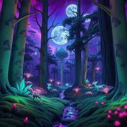 A mystical futuristic forest, filled with glowing plants and bioluminescent trees, towering high with intricate patterns on the bark