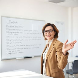 An inspiring scene of an English teacher enthusiastically writing on a whiteboard in a bright, well-lit classroom