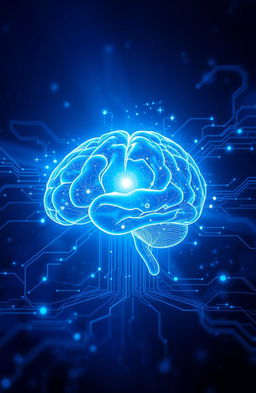 An abstract representation of artificial intelligence, featuring a futuristic, glowing brain made of complex circuits and digital patterns