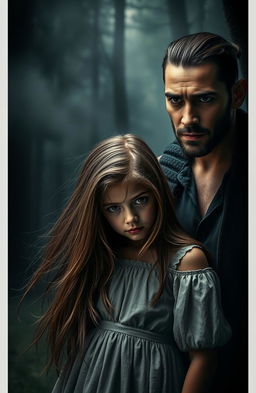 A strikingly handsome kidnapper with rugged features and intense eyes, kidnapped an innocent girl who has long, flowing hair, wearing a simple yet beautiful dress
