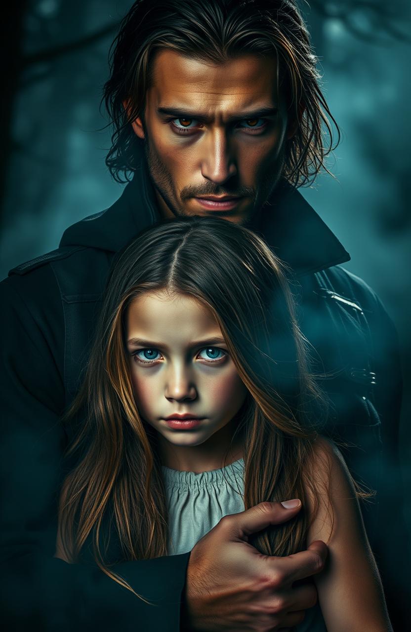 A strikingly handsome kidnapper with rugged features and intense eyes, kidnapped an innocent girl who has long, flowing hair, wearing a simple yet beautiful dress