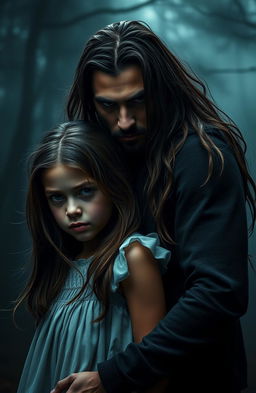 A strikingly handsome kidnapper with rugged features and intense eyes, kidnapped an innocent girl who has long, flowing hair, wearing a simple yet beautiful dress