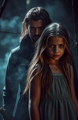 A strikingly handsome kidnapper with rugged features and intense eyes, kidnapped an innocent girl who has long, flowing hair, wearing a simple yet beautiful dress