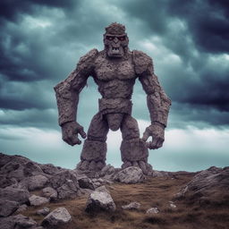 A towering stone golem standing mightily amidst a rocky terrain under a stormy sky.