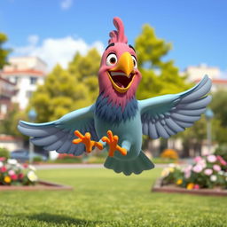 A 3D cartoon-style human-like pigeon with vibrant colors, depicting an expression of excitement as it jumps into the air