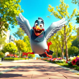A 3D cartoon-style human-like pigeon with vibrant colors, depicting an expression of excitement as it jumps into the air