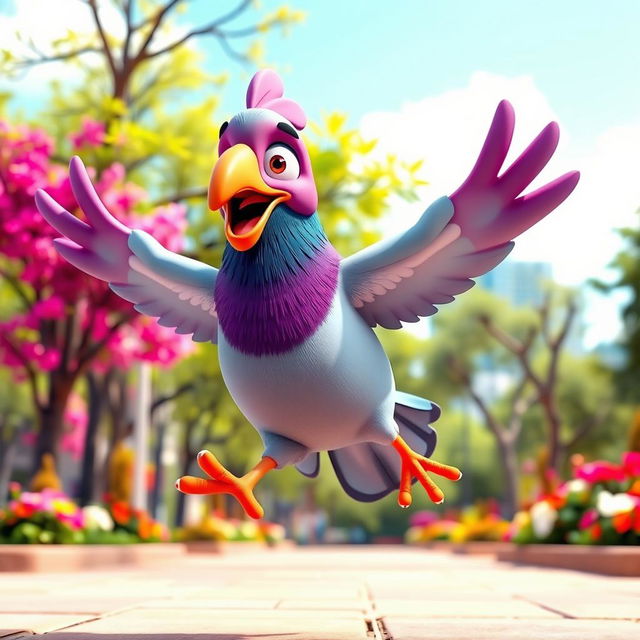 A 3D cartoon-style human-like pigeon with vibrant colors, depicting an expression of excitement as it jumps into the air