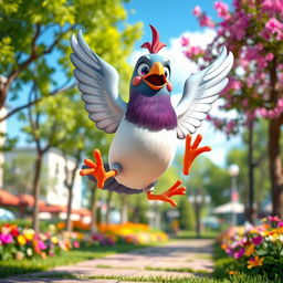 A 3D cartoon-style human-like pigeon with vibrant colors, depicting an expression of excitement as it jumps into the air