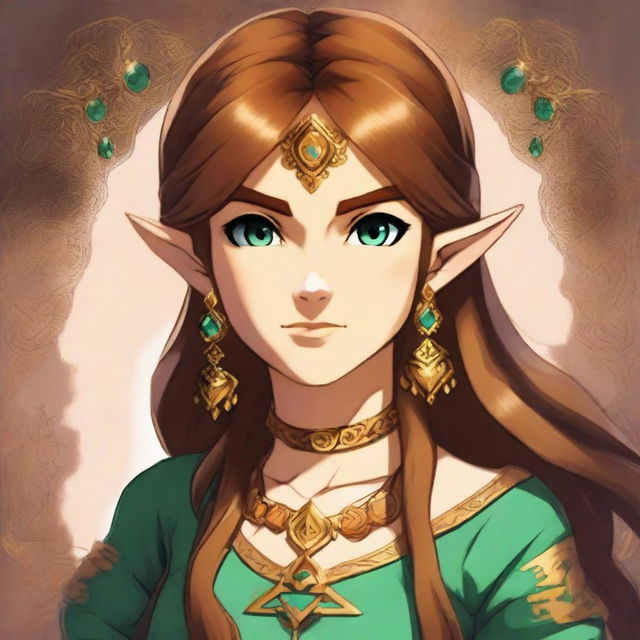 A high-quality digital art image that portrays a girl with brown hair, mirroring the appearance of Riju from the Legend of Zelda