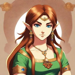 A high-quality digital art image that portrays a girl with brown hair, mirroring the appearance of Riju from the Legend of Zelda