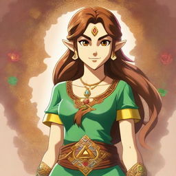 A high-quality digital art image that portrays a girl with brown hair, mirroring the appearance of Riju from the Legend of Zelda