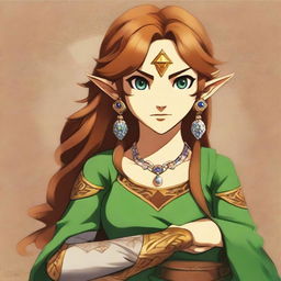 A high-quality digital art image that portrays a girl with brown hair, mirroring the appearance of Riju from the Legend of Zelda