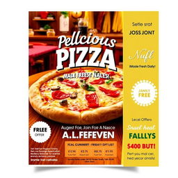 A vibrant and enticing pizza advertisement flyer featuring a mouth-watering pizza with melting cheese, fresh toppings like pepperoni, mushrooms, and bell peppers, served in a cozy Italian pizzeria setting