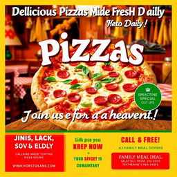 A vibrant and enticing pizza advertisement flyer featuring a mouth-watering pizza with melting cheese, fresh toppings like pepperoni, mushrooms, and bell peppers, served in a cozy Italian pizzeria setting