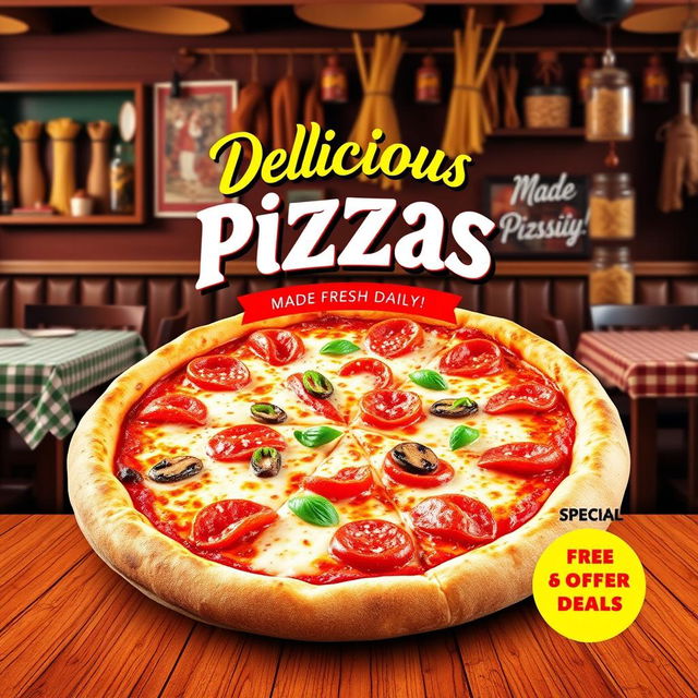 A vibrant and enticing pizza advertisement flyer featuring a mouth-watering pizza with melting cheese, fresh toppings like pepperoni, mushrooms, and bell peppers, served in a cozy Italian pizzeria setting