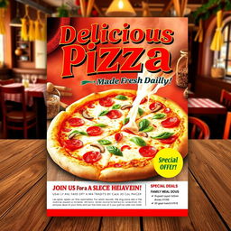 A vibrant and enticing pizza advertisement flyer featuring a mouth-watering pizza with melting cheese, fresh toppings like pepperoni, mushrooms, and bell peppers, served in a cozy Italian pizzeria setting