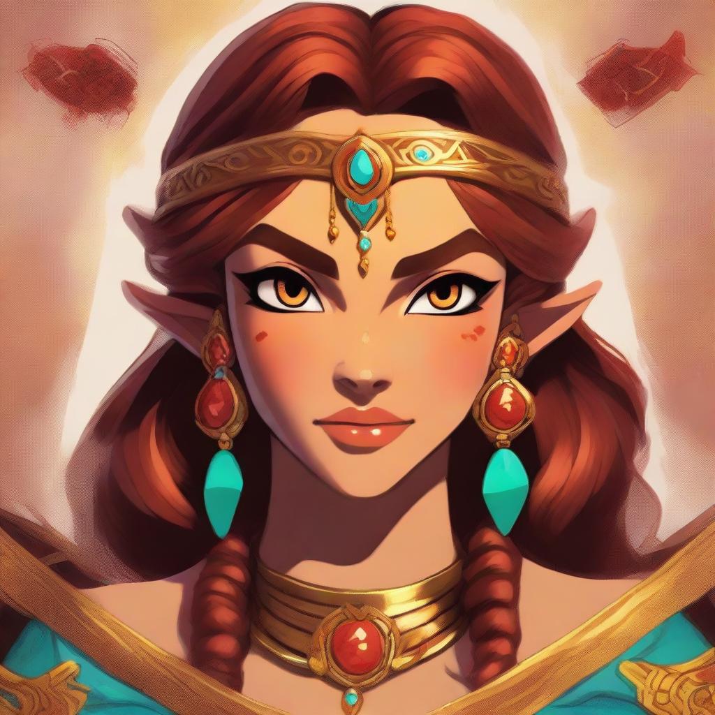 An exquisite digital art image of a girl with brown hair, bearing a striking resemblance to Urbosa from the Legend of Zelda