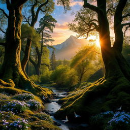 A lush, enchanted forest during twilight, with towering ancient trees covered in vibrant green moss