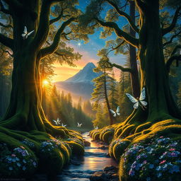 A lush, enchanted forest during twilight, with towering ancient trees covered in vibrant green moss