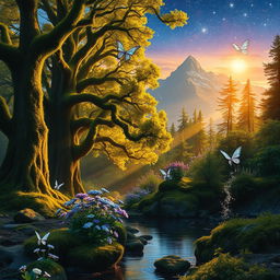 A lush, enchanted forest during twilight, with towering ancient trees covered in vibrant green moss