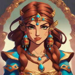 An exquisite digital art image of a girl with brown hair, bearing a striking resemblance to Urbosa from the Legend of Zelda