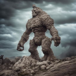 A towering stone golem standing mightily amidst a rocky terrain under a stormy sky.