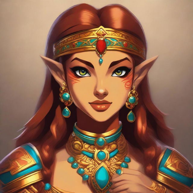 An exquisite digital art image of a girl with brown hair, bearing a striking resemblance to Urbosa from the Legend of Zelda