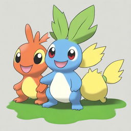 A vibrant digital art image presents a unique Pokemon that combines the traits of the three main Galar starters: Grookey, Scorbunny, and Sobble