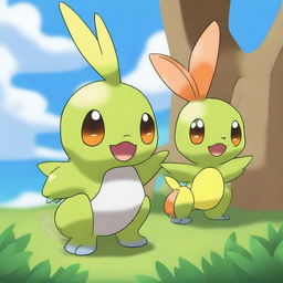 A vibrant digital art image presents a unique Pokemon that combines the traits of the three main Galar starters: Grookey, Scorbunny, and Sobble