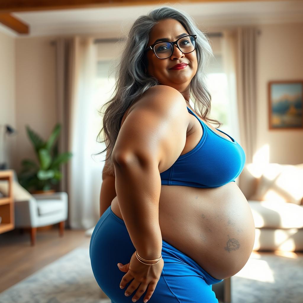 A plus-size dusky Indian mature woman, 50 years old, with long grey hair and glasses, showcasing her sensuality in a bright and airy living room