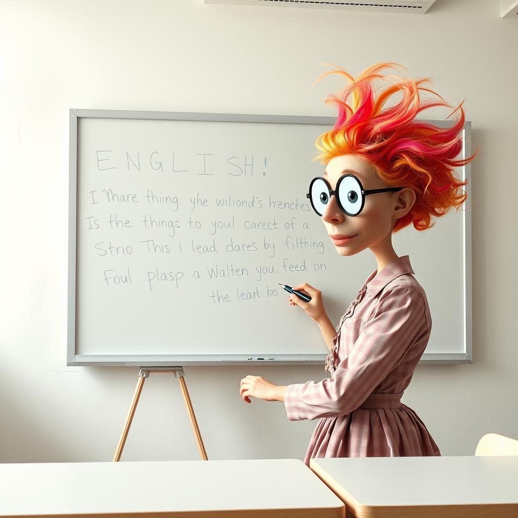 A nonrealistic, imaginative depiction of an English teacher writing on a whiteboard in an ethereal, dreamlike classroom