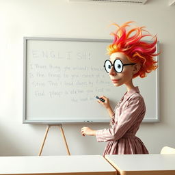 A nonrealistic, imaginative depiction of an English teacher writing on a whiteboard in an ethereal, dreamlike classroom