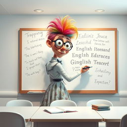 A nonrealistic, imaginative depiction of an English teacher writing on a whiteboard in an ethereal, dreamlike classroom