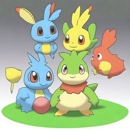 A high-quality digital art image that showcases a unique Pokemon, a fusion of the three main Galar starters: Grookey, Scorbunny, and Sobble