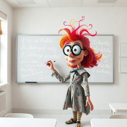 A nonrealistic, imaginative depiction of an English teacher writing on a whiteboard in an ethereal, dreamlike classroom