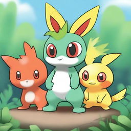 A high-quality digital art image that showcases a unique Pokemon, a fusion of the three main Galar starters: Grookey, Scorbunny, and Sobble