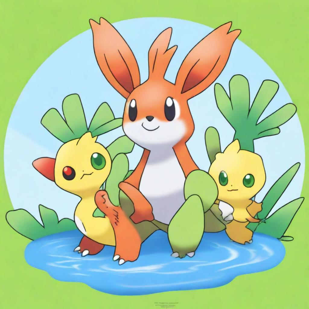 A high-quality digital art image that showcases a unique Pokemon, a fusion of the three main Galar starters: Grookey, Scorbunny, and Sobble