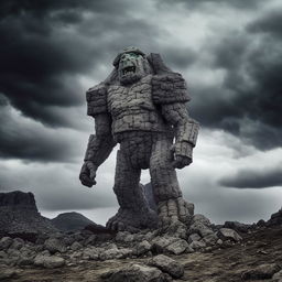 A towering stone golem standing mightily amidst a rocky terrain under a stormy sky.