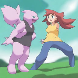 A dynamic digital art image showcases an original Pokemon named Thrashnado, a fighting type, alongside its dedicated trainer, Haylee