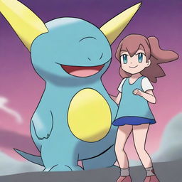 A dynamic digital art image showcases an original Pokemon named Thrashnado, a fighting type, alongside its dedicated trainer, Haylee