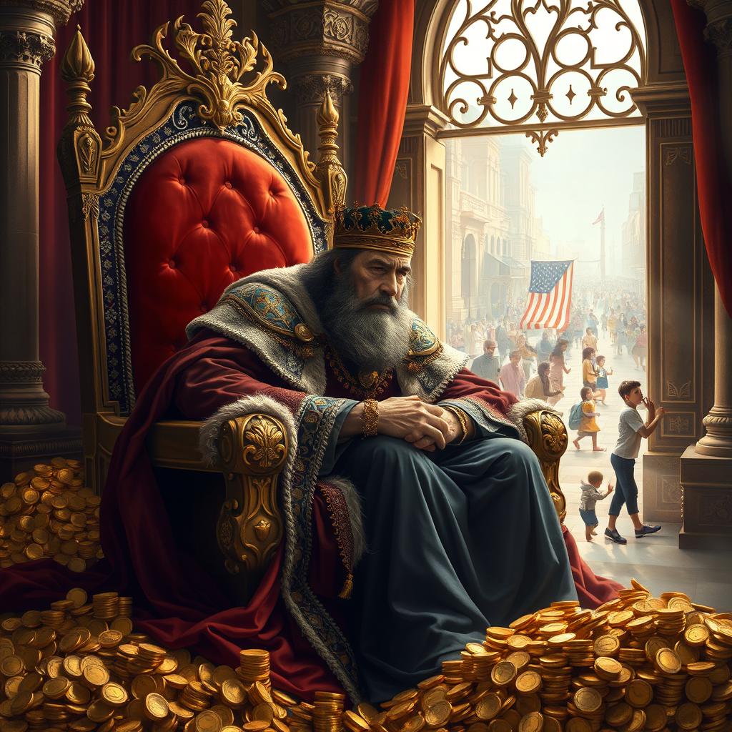 A regal king sitting majestically on a grand throne, surrounded by the opulence of his kingdom, including piles of shimmering gold coins, sparkling jewels, and rich, luxurious fabrics draped elegantly around him