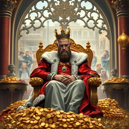 A regal king sitting majestically on a grand throne, surrounded by the opulence of his kingdom, including piles of shimmering gold coins, sparkling jewels, and rich, luxurious fabrics draped elegantly around him