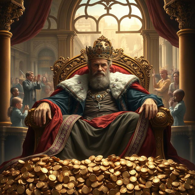 A regal king sitting majestically on a grand throne, surrounded by the opulence of his kingdom, including piles of shimmering gold coins, sparkling jewels, and rich, luxurious fabrics draped elegantly around him