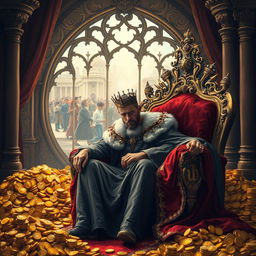 A regal king sitting majestically on a grand throne, surrounded by the opulence of his kingdom, including piles of shimmering gold coins, sparkling jewels, and rich, luxurious fabrics draped elegantly around him