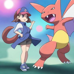 A high-quality digital art image displays a unique Pokemon called Thrashnado, a fighting type, paired with its trainer named Haylee