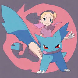 A high-quality digital art image displays a unique Pokemon called Thrashnado, a fighting type, paired with its trainer named Haylee