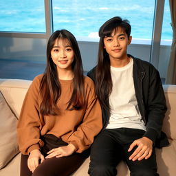 A beautiful young woman with a Korean idol-like face, aged 18, wearing stylish clothing