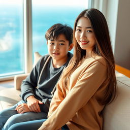 A beautiful young woman with a Korean idol-like face, aged 18, wearing stylish clothing